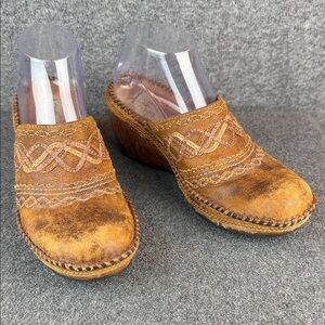 Vintage Boho Artisan Stitched Driving Mule Clogs Brown Leather Women's 7.5 M